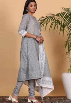 Printed Pure Cotton Straight Suit in Grey