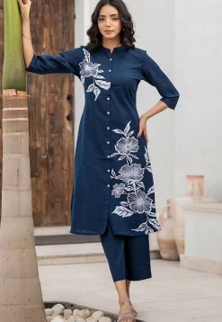 Printed Pure Cotton Straight Kurta Set in Navy Blue