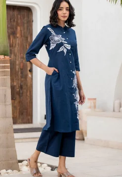Printed Pure Cotton Straight Kurta Set in Navy Blue