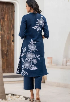 Printed Pure Cotton Straight Kurta Set in Navy Blue