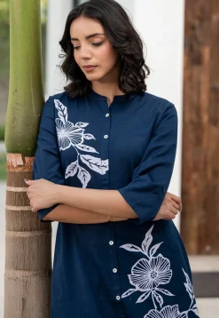 Printed Pure Cotton Straight Kurta Set in Navy Blue