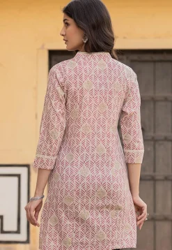 Printed Pure Cotton Straight Kurti in Pink