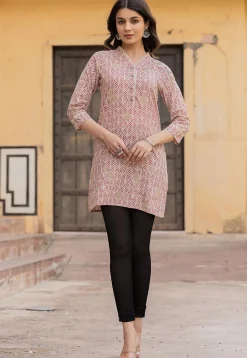 Printed Pure Cotton Straight Kurti in Pink