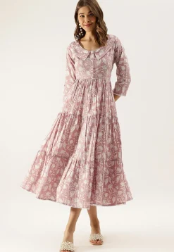 Printed Pure Cotton Tiered Midi Dress in Light Old Rose