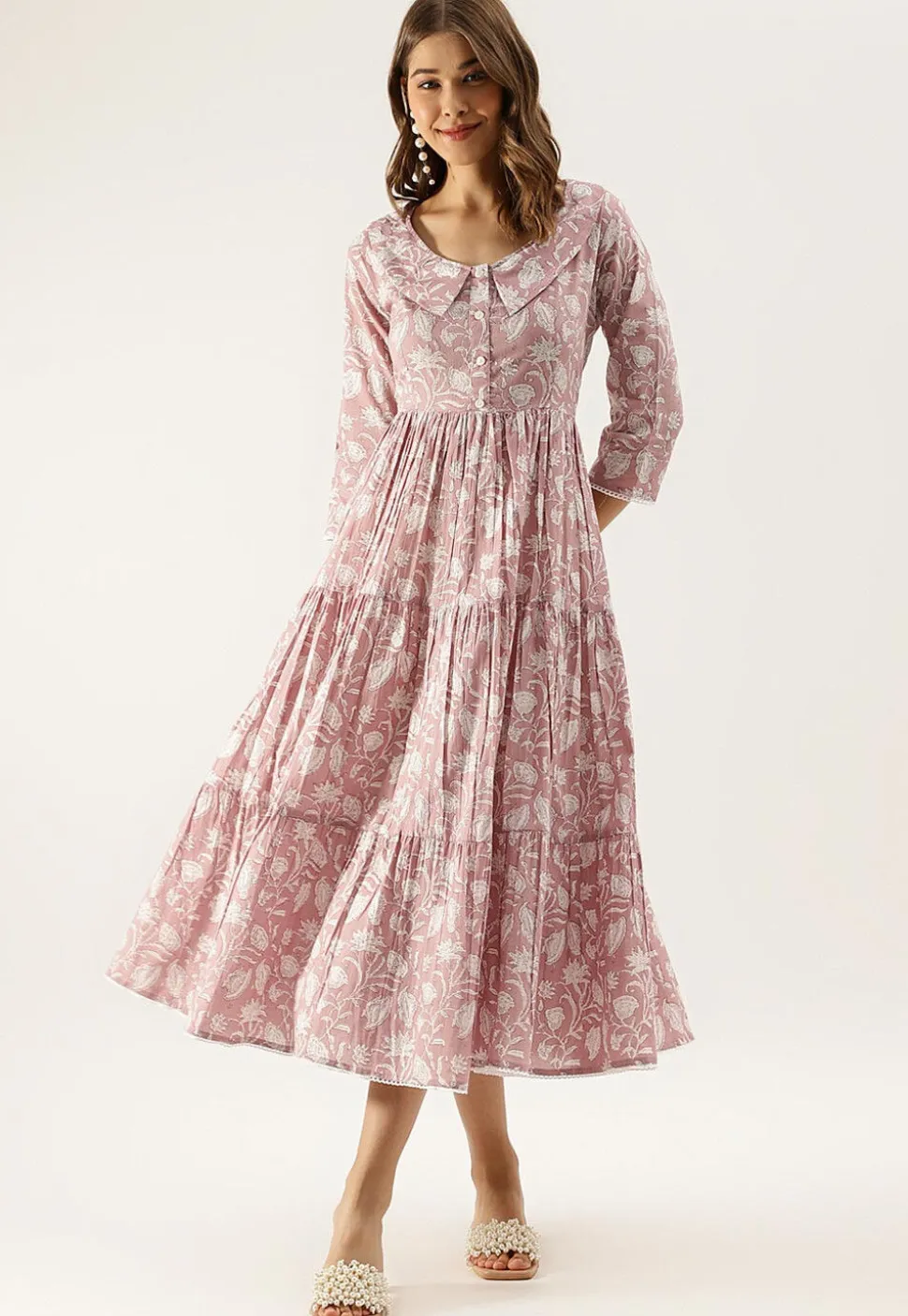 Printed Pure Cotton Tiered Midi Dress in Light Old Rose