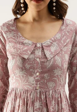 Printed Pure Cotton Tiered Midi Dress in Light Old Rose