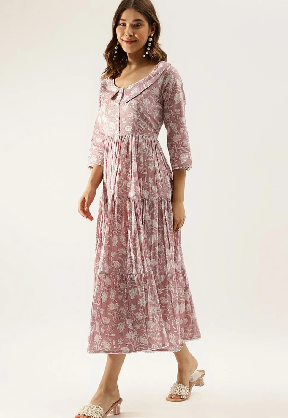 Printed Pure Cotton Tiered Midi Dress in Light Old Rose