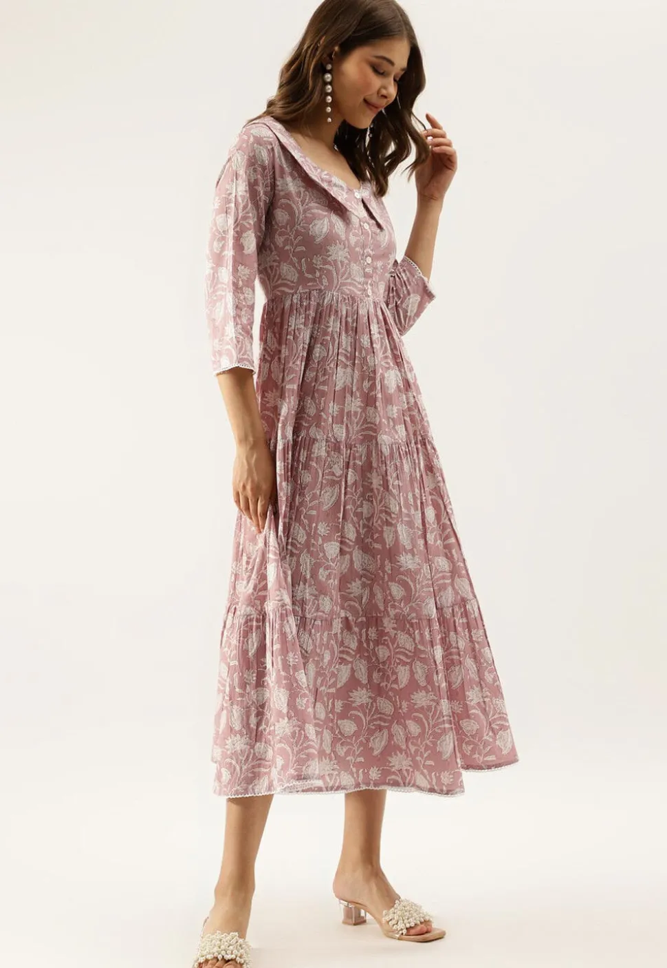 Printed Pure Cotton Tiered Midi Dress in Light Old Rose
