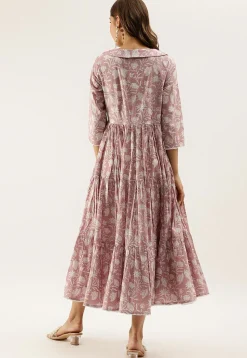 Printed Pure Cotton Tiered Midi Dress in Light Old Rose