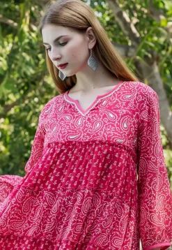 Printed Pure Cotton Tiered Dress in Fuchsia
