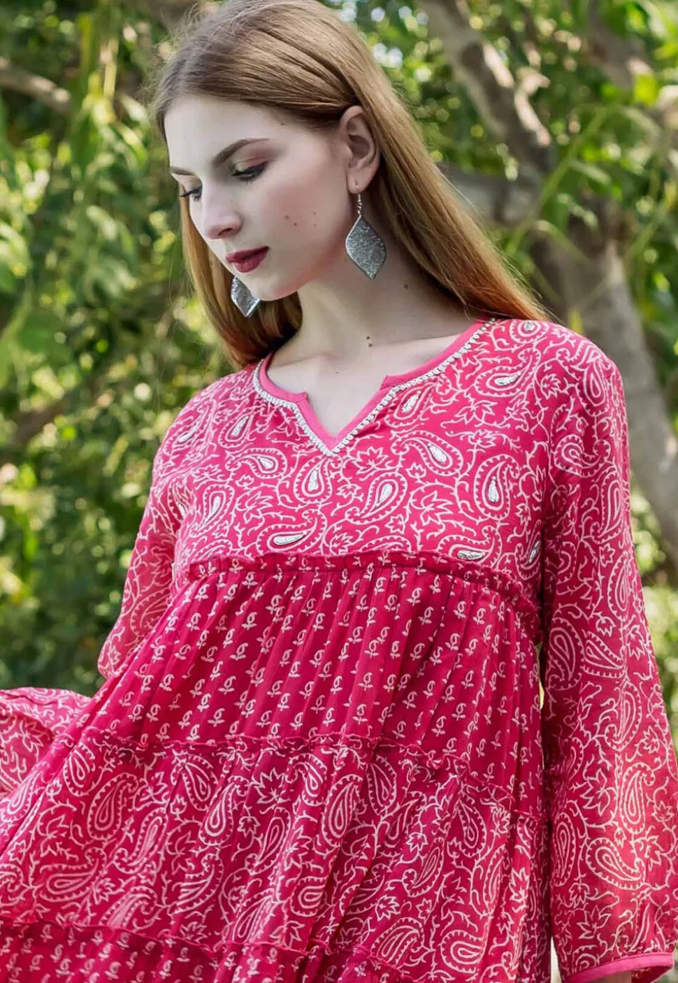 Printed Pure Cotton Tiered Dress in Fuchsia