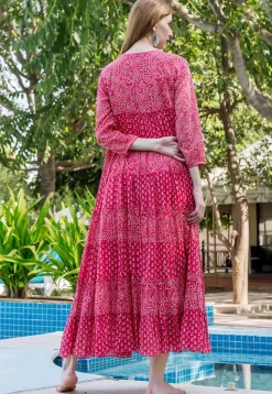 Printed Pure Cotton Tiered Dress in Fuchsia