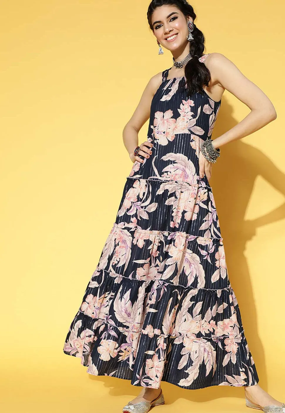 Printed Pure Cotton Tiered Dress in Blue