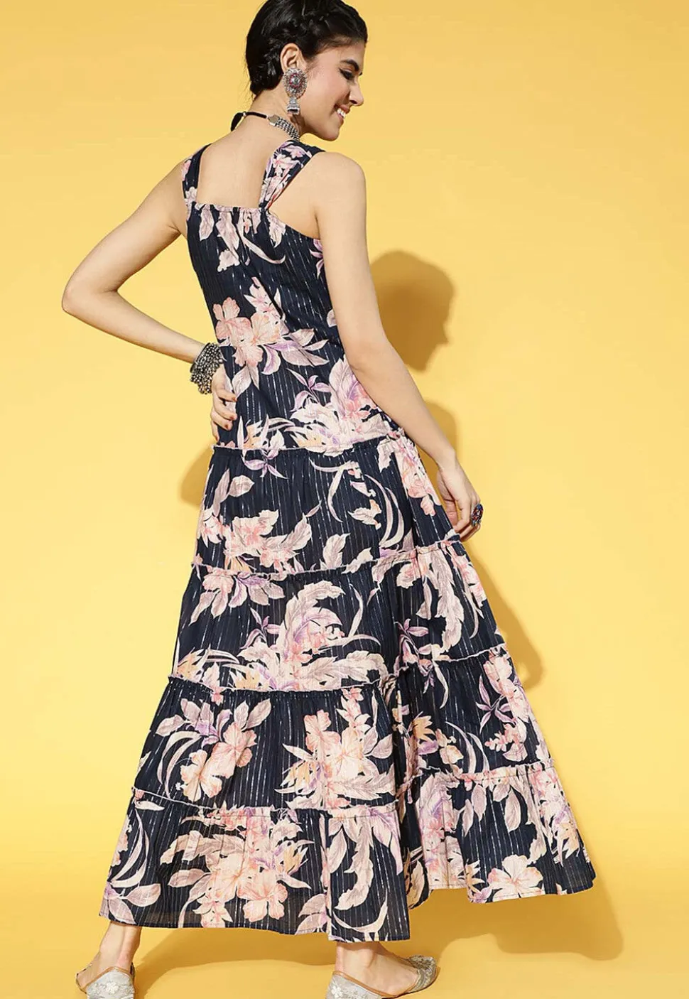 Printed Pure Cotton Tiered Dress in Blue