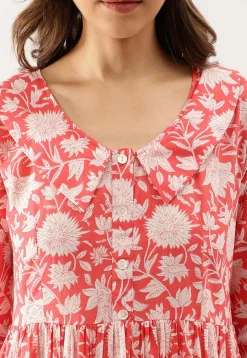 Printed Pure Cotton Tiered Midi Dress in Coral Pink