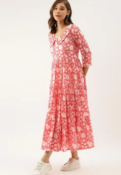 Printed Pure Cotton Tiered Midi Dress in Coral Pink