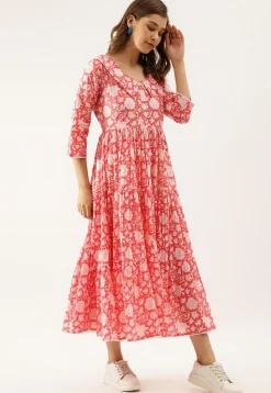 Printed Pure Cotton Tiered Midi Dress in Coral Pink