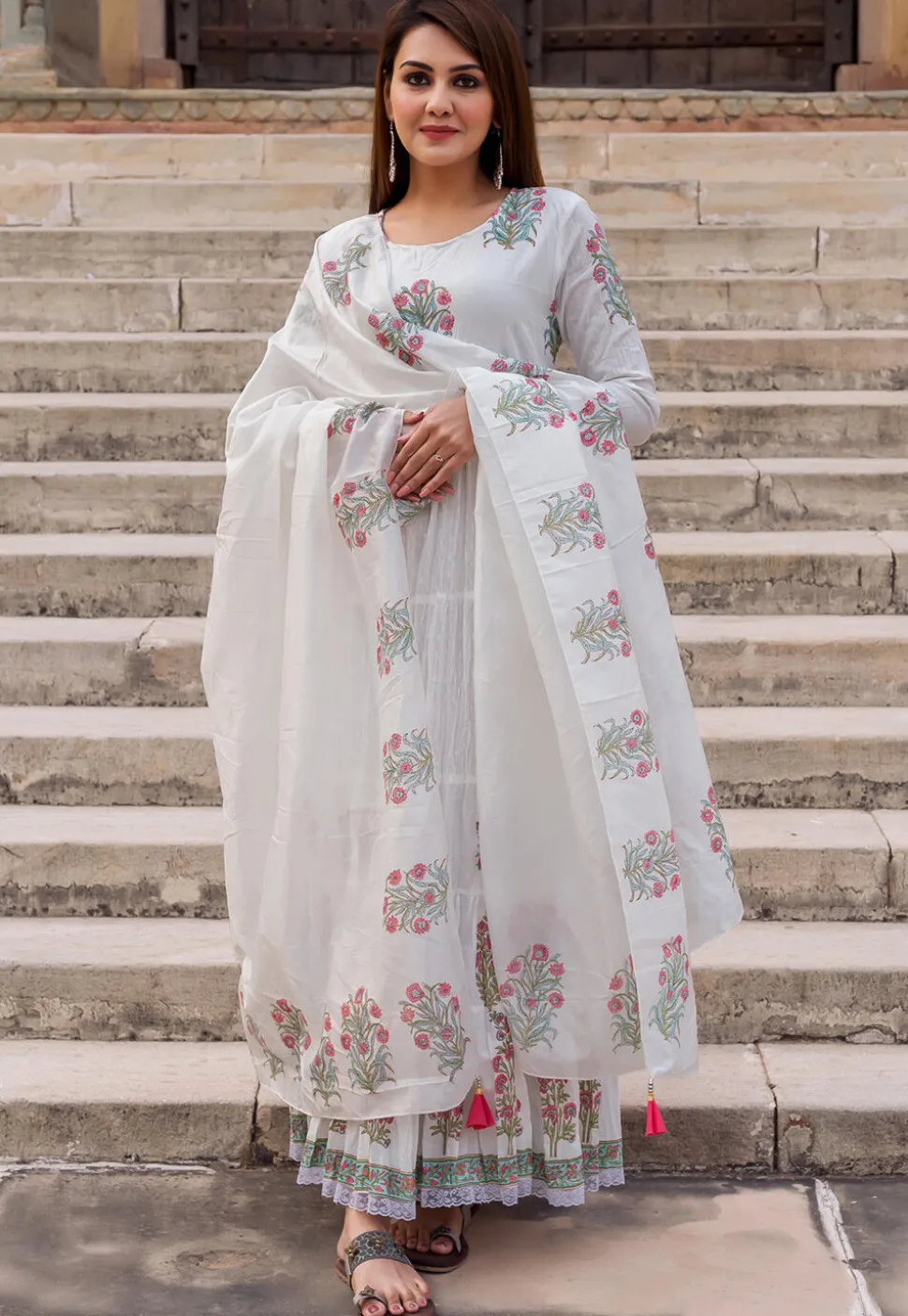 Printed Pure Cotton Tiered Abaya Style Suit in Off White