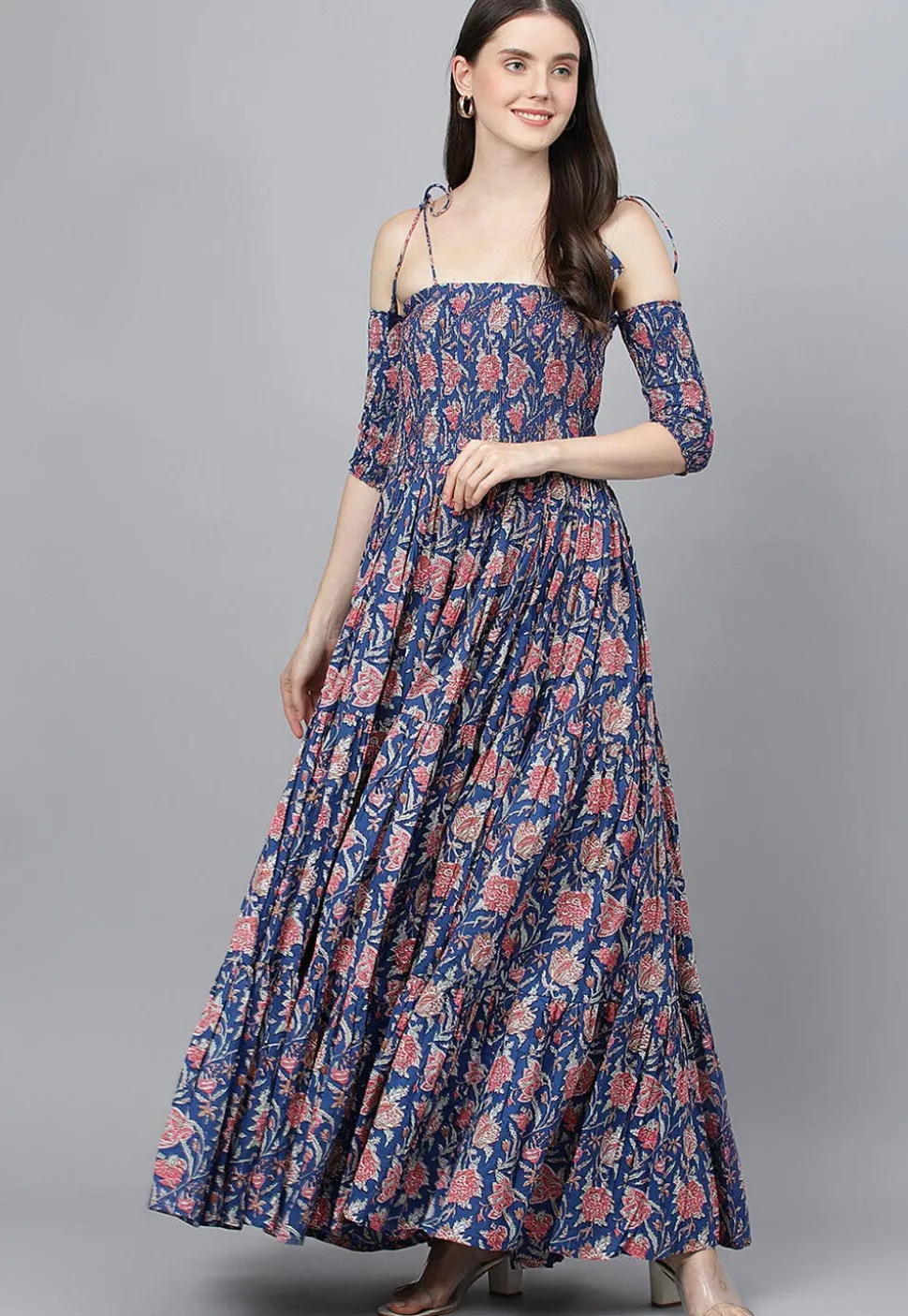 Printed Pure Cotton Tiered Maxi Dress in Navy Blue