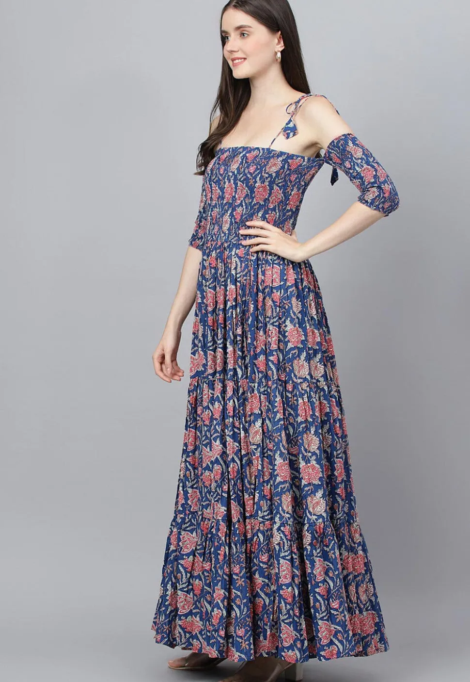 Printed Pure Cotton Tiered Maxi Dress in Navy Blue