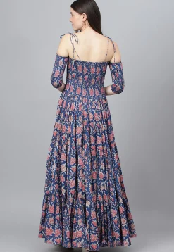 Printed Pure Cotton Tiered Maxi Dress in Navy Blue