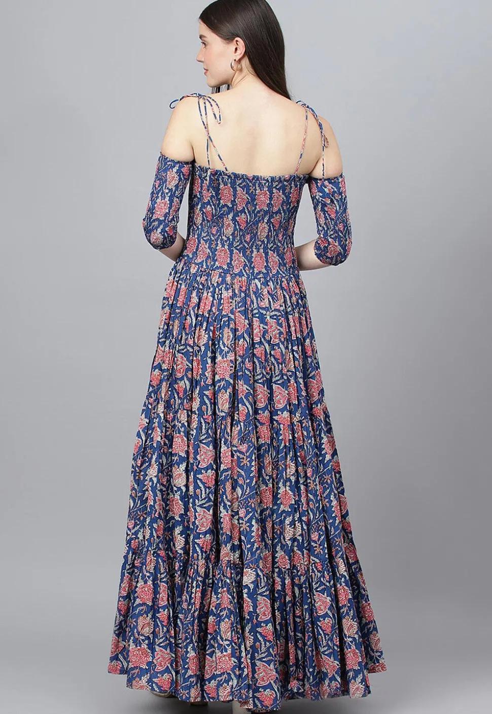 Printed Pure Cotton Tiered Maxi Dress in Navy Blue