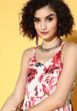 Printed Pure Cotton Tiered Dress in Off White