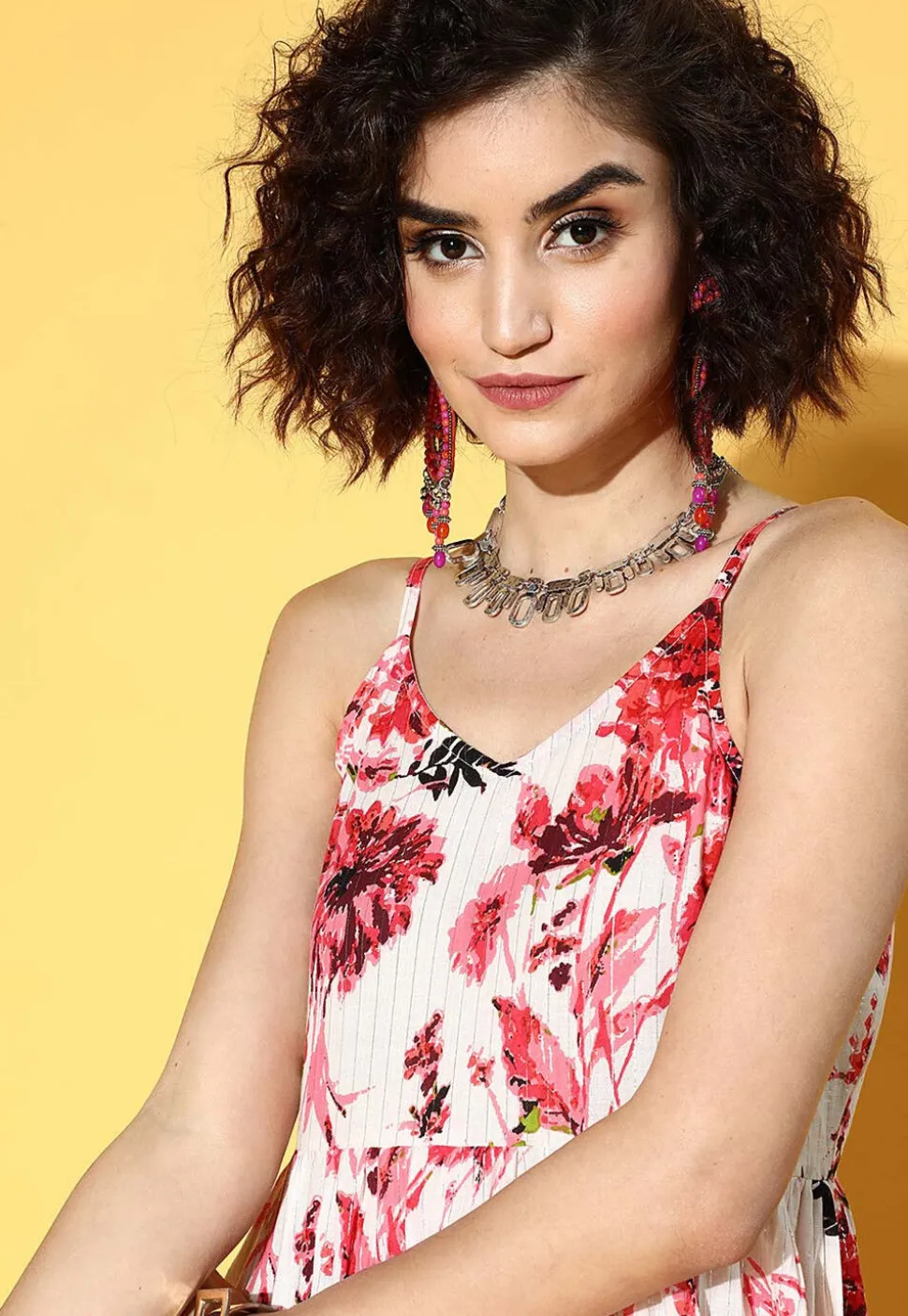 Printed Pure Cotton Tiered Dress in Off White