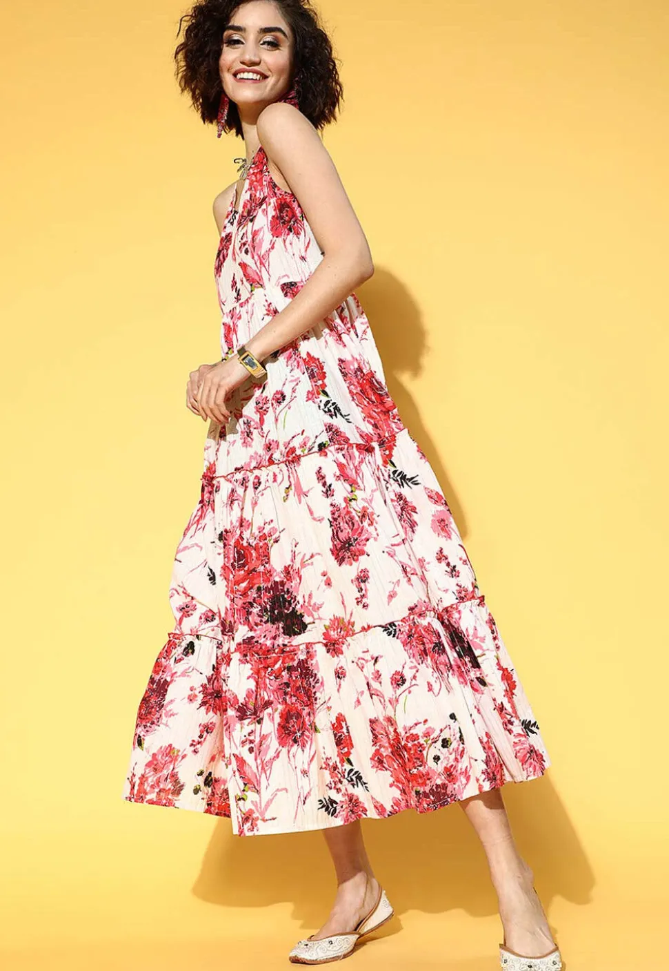 Printed Pure Cotton Tiered Dress in Off White