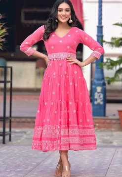 Printed Pure Cotton Tiered Dress in Pink