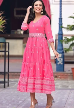 Printed Pure Cotton Tiered Dress in Pink