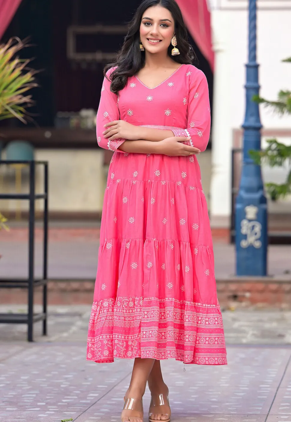 Printed Pure Cotton Tiered Dress in Pink