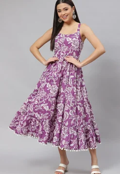 Printed Pure Cotton Tired Dress in Purple