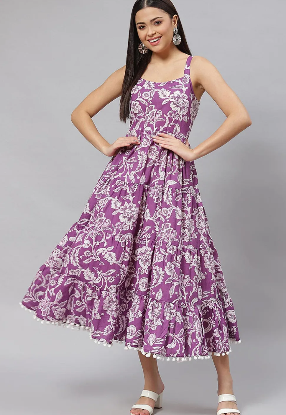 Printed Pure Cotton Tired Dress in Purple