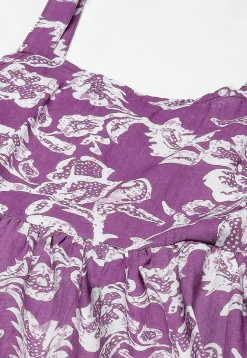 Printed Pure Cotton Tired Dress in Purple