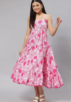 Printed Pure Cotton Tired Dress in Pink