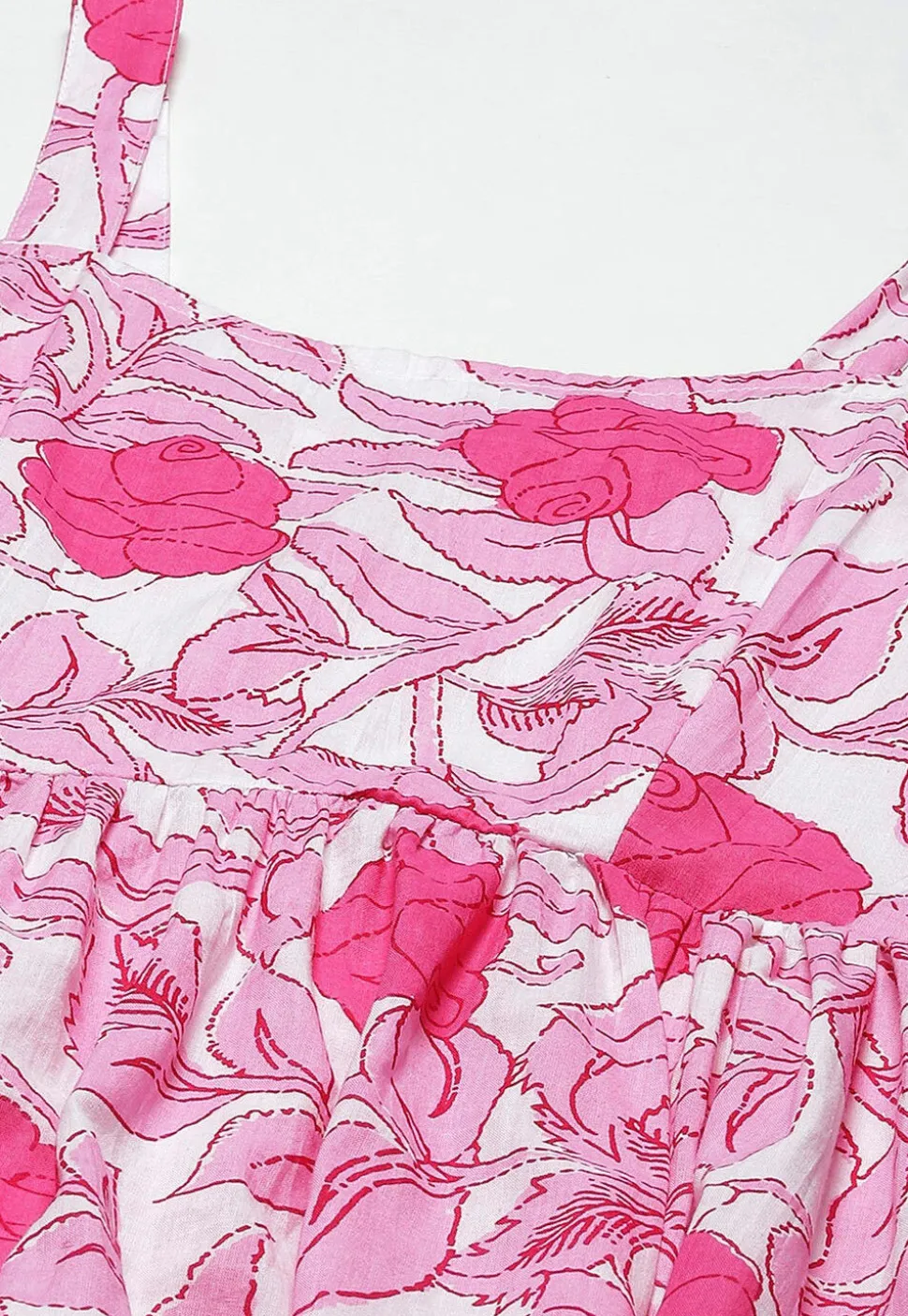 Printed Pure Cotton Tired Dress in Pink