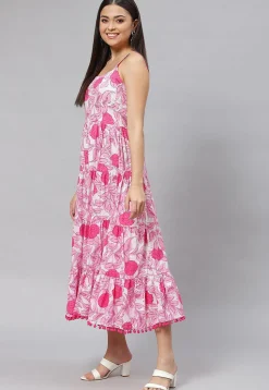 Printed Pure Cotton Tired Dress in Pink