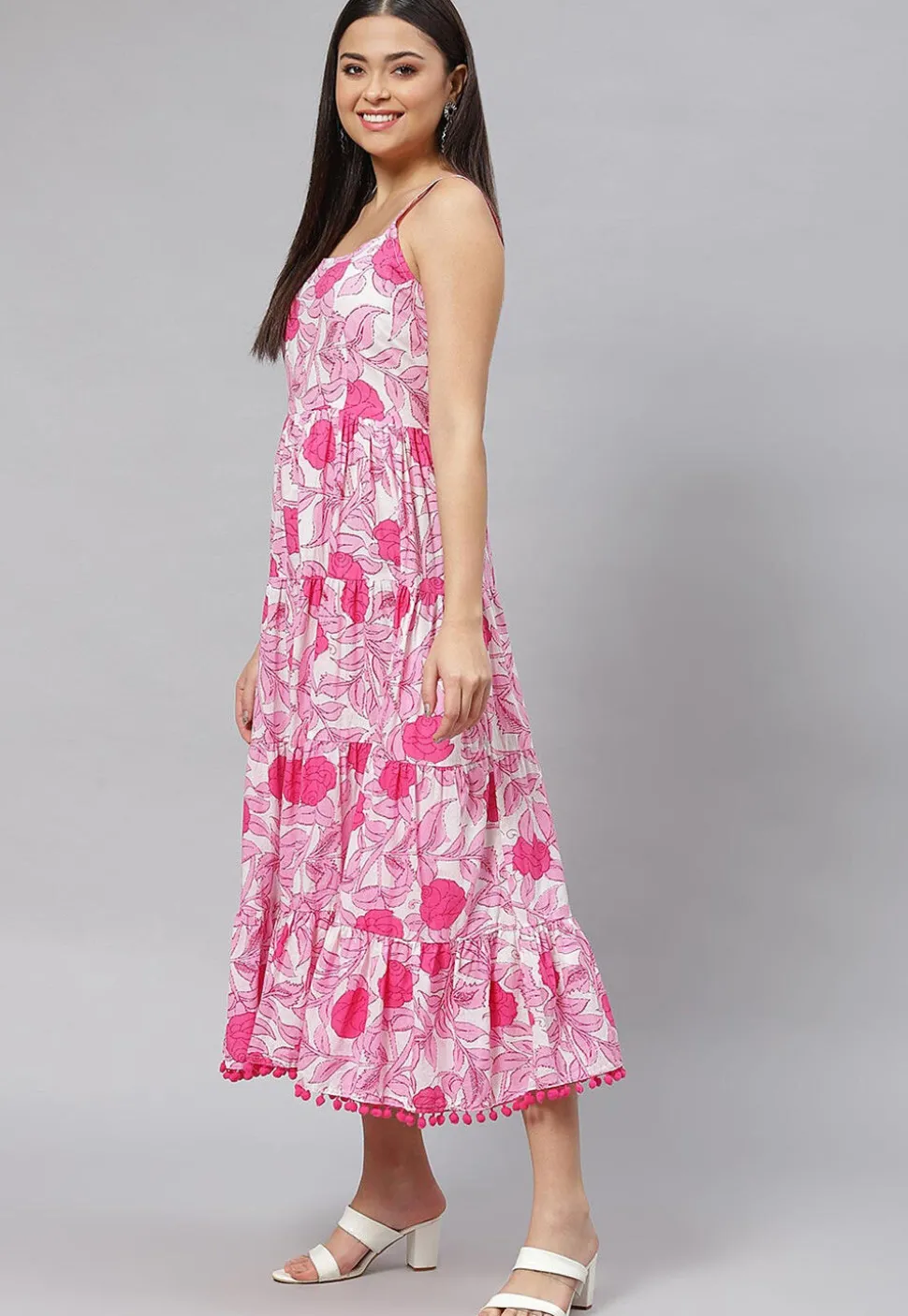 Printed Pure Cotton Tired Dress in Pink