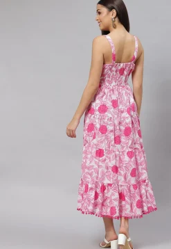 Printed Pure Cotton Tired Dress in Pink