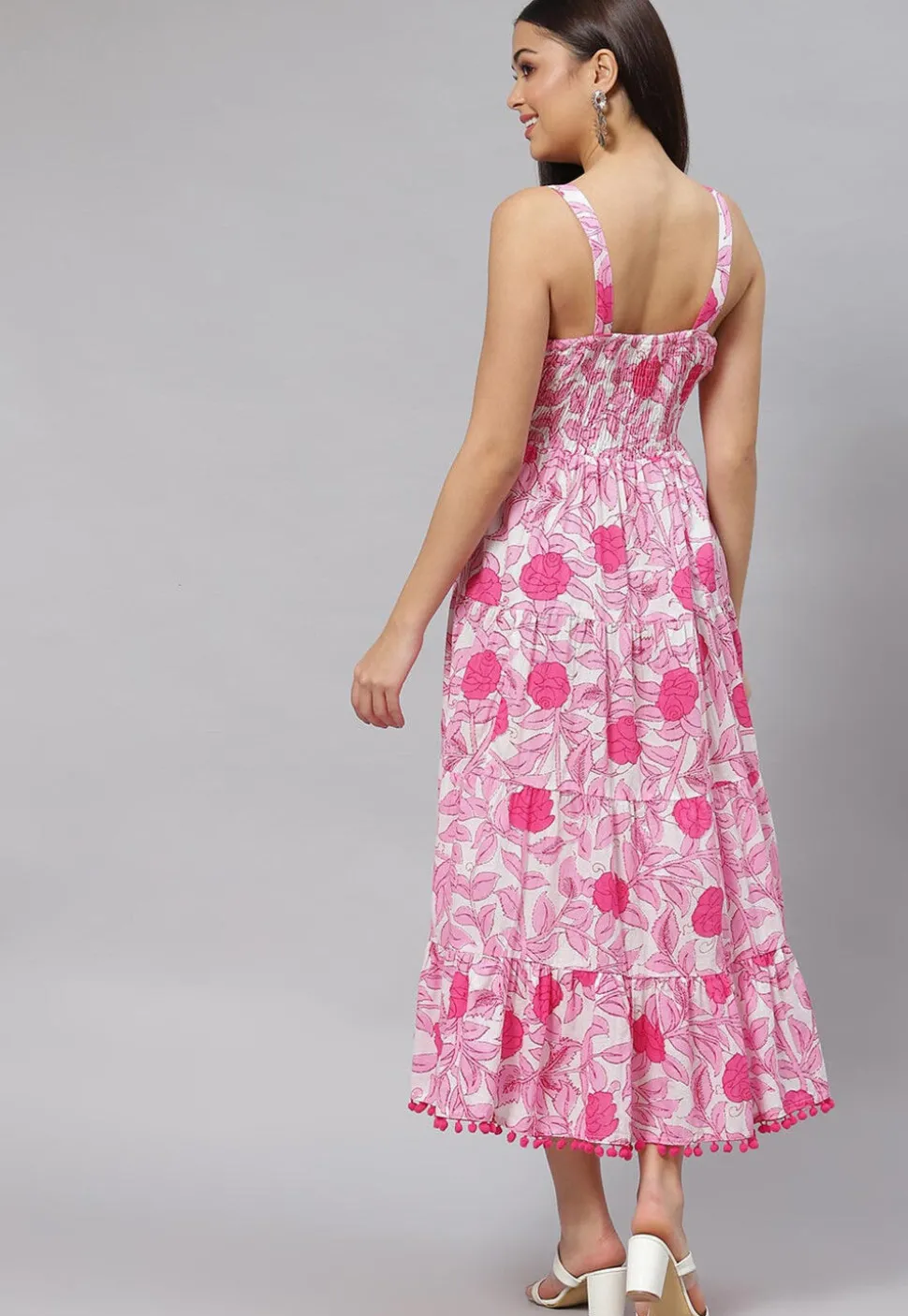 Printed Pure Cotton Tired Dress in Pink