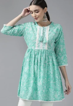 Printed Pure Cotton Tunic in Light Teal Green
