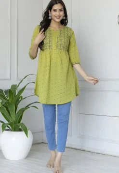 Printed Pure Cotton Tunic in Light Olive Green
