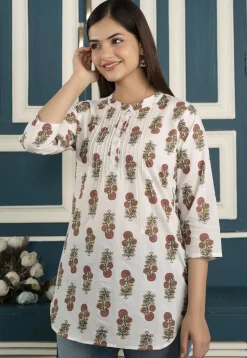 Printed Pure Cotton Tunic in Off White