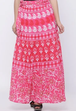 Printed Pure Cotton Wrap Around Skirt in Peach