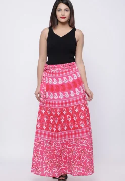 Printed Pure Cotton Wrap Around Skirt in Peach