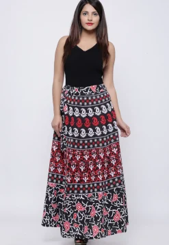 Printed Pure Cotton Wrap Around Skirt in Black