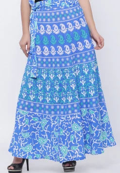 Printed Pure Cotton Wrap Around Skirt in Blue