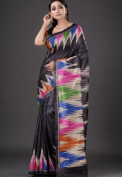 Printed Pure Ghicha Silk Saree in Black