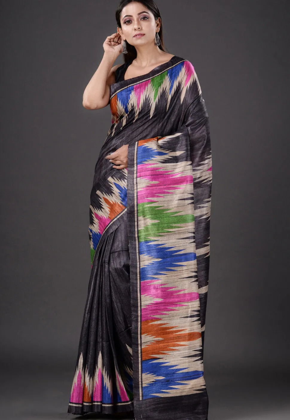 Printed Pure Ghicha Silk Saree in Black